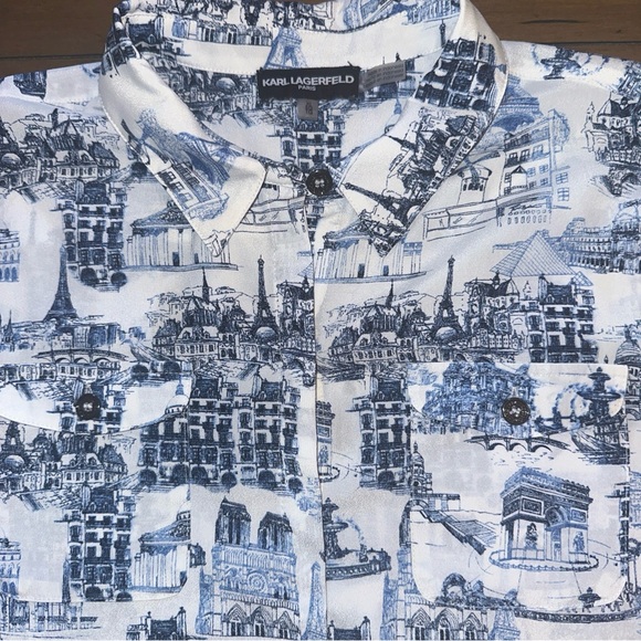 Karl Lagerfeld Womens Blouse XL Paris Print Button Up Roll Tab Parisian Scene - Picture 14 of 15